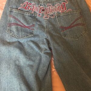 Embroidered Blue Jeans with Red Accents